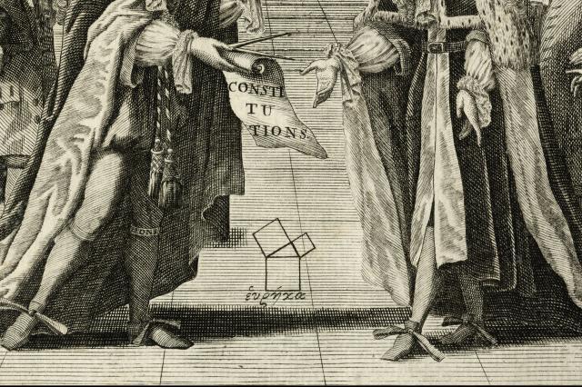 Euclid’s 47th Proposition, or Pythagoras’ Theorem, from Constitutions of the Free-Masons, 1723 ©Museum of Freemasonry, London