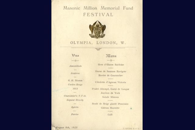 Masonic Million Memorial Fund Olympia lunch menu (1925) ©Museum of Freemasonry, London