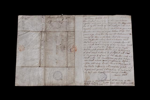 Letter from Prince Hall to William Whyte thanking him for sending the Constitutions and describing a loss of money intended for payment (1767) ©Museum of Freemasonry