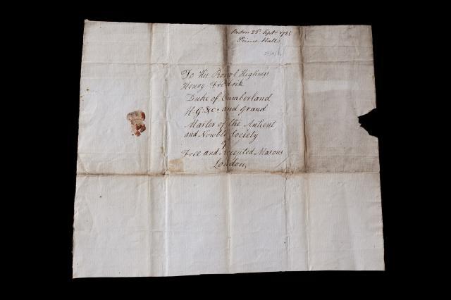 Envelope for letter from Prince Hall to Duke of Cumberland, Grand Master of the Moderns Grand Lodge (1785) ©Museum of Freemasonry