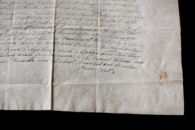 Signature of Prince Hall on parchment letter to Duke of Cumberland (1785) ©Museum of Freemasonry