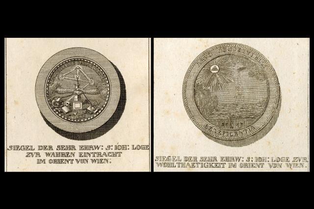 Badges for Vienna lodges: Zur Wahren Eintracht (True Concord) and Zur Wohlthätigkeit (Beneficence) ©Museum of Freemasonry, London