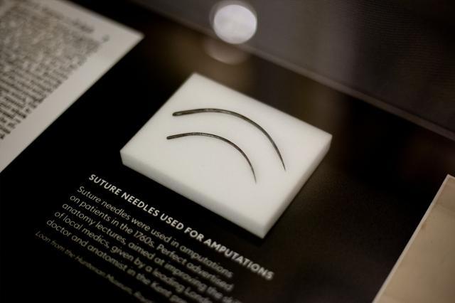 Suture needles on loan from the Hunterian Museum, Royal College of Surgeons from William Perfect exhibition, 2019  ©Museum of Freemasonry