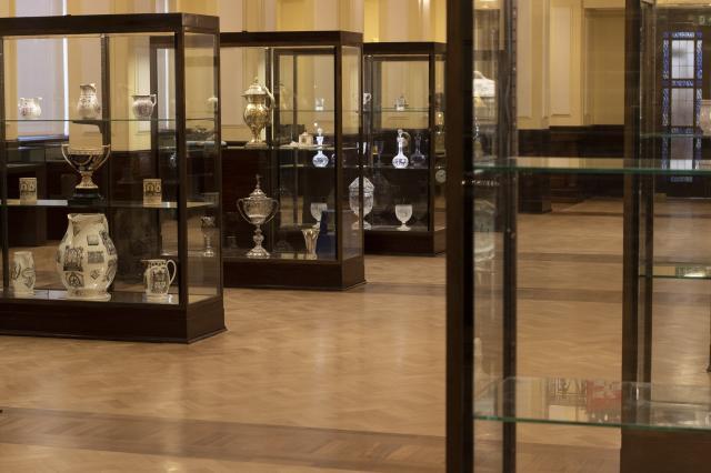 View of restored gallery through glass display cases