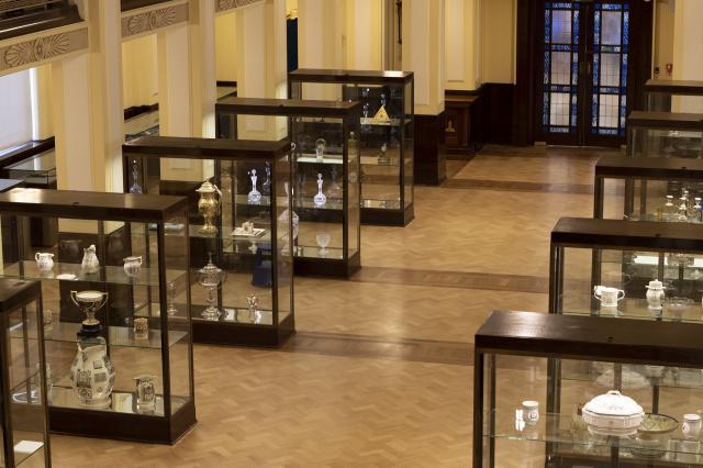 View of south gallery showing newly restored floor and glass display cases