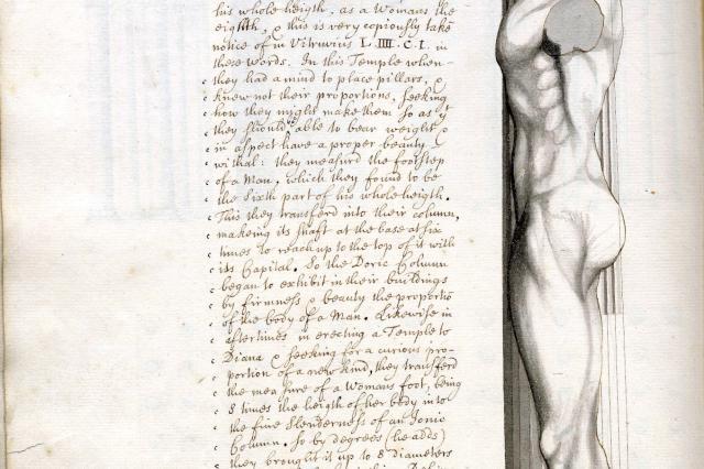 Text and hand-drawn illustration of a man standing against a column