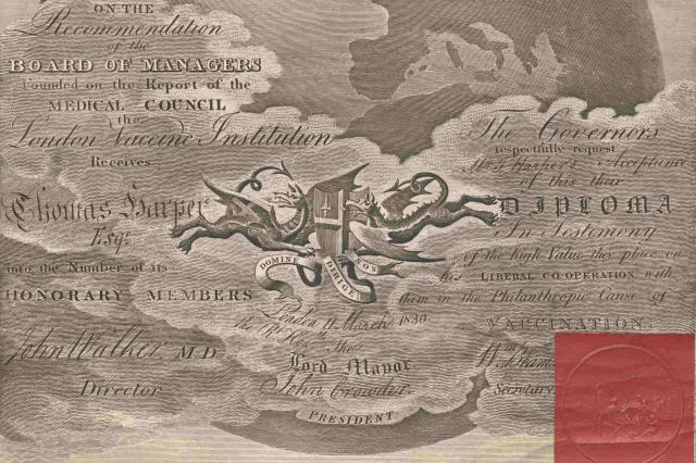 Detail from engraved diploma from London Vaccination Institution