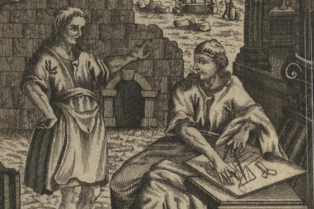 Engraving two stonemasons working on the construction of a building