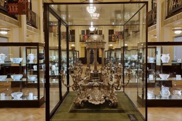 View of South Gallery, showing the Sussex Plate candelabrum and 1930's display cases