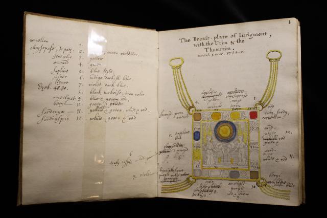 Image of book open on hand-coloured illustration of Aaron's breastplate