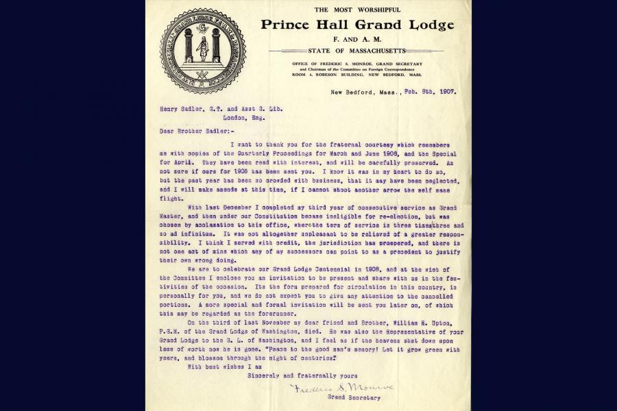 Letter from Monroe to Sadler (Feb 8 1907) ©Museum of Freemasonry