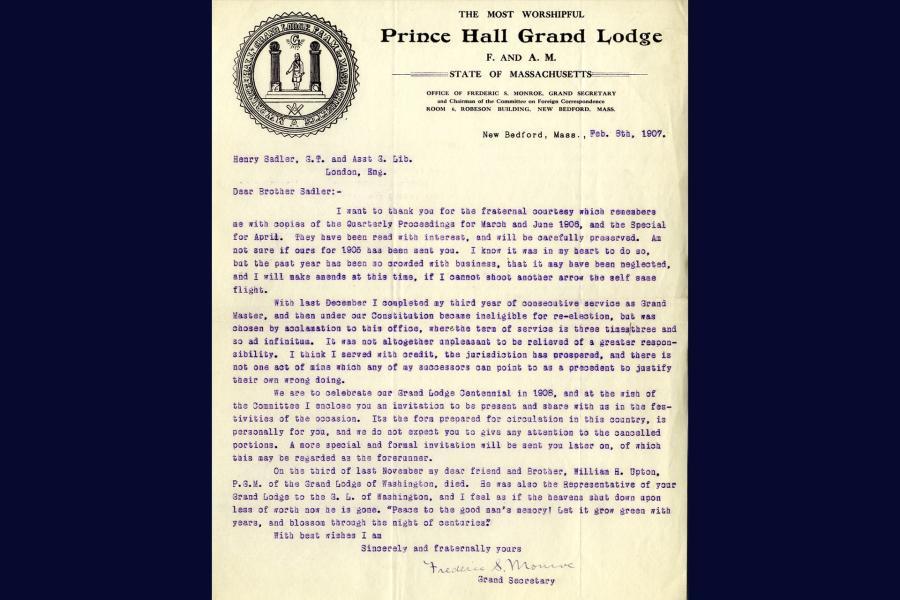 Letter from Monroe to Sadler (Feb 8 1907) ©Museum of Freemasonry