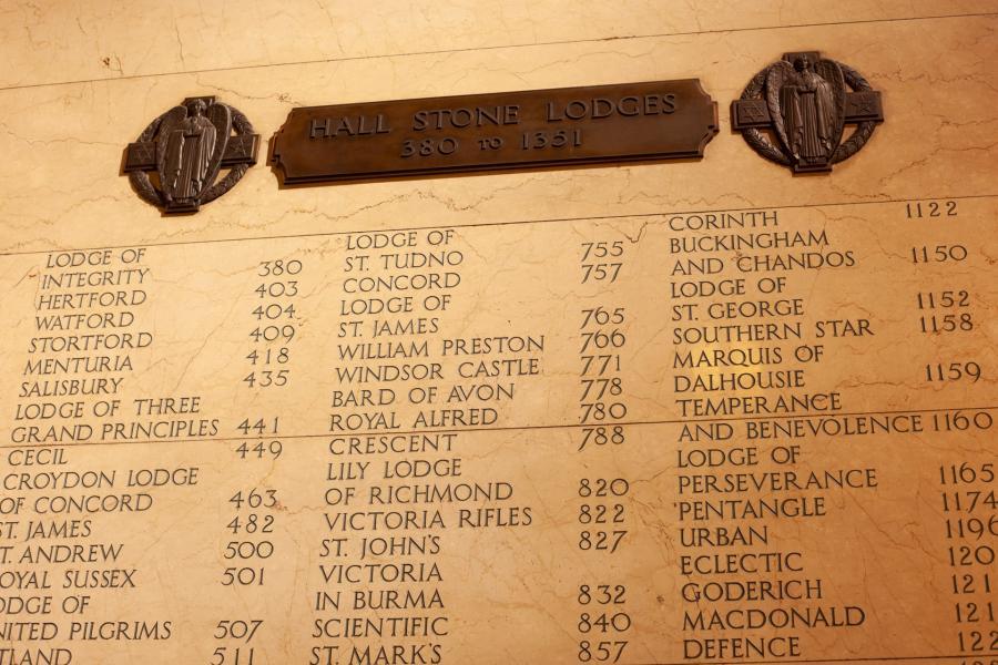 Hall Stone Lodges inscribed on the Vestibule walls ©Museum of Freemasonry, London