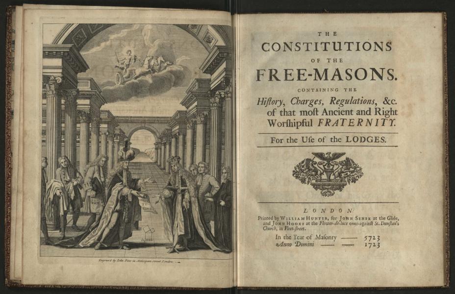 Engraved frontispiece and printed title page of 1723 book of constitutions