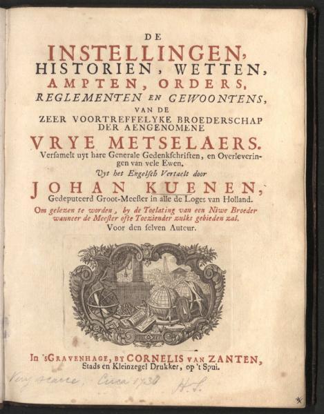 Printed front page of Andersons Book of Constitutions in Dutch