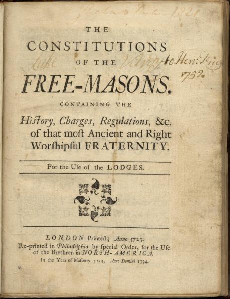 Printed title page of Constitutions of the Free Masons published by Benjamin Franklin