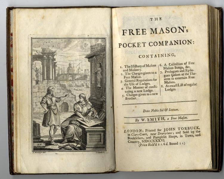 Engraved fronitspiece showing masons at work and title page of A Pocket Companion