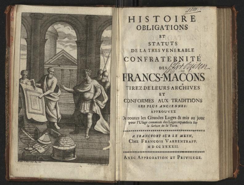 Engraved frontispiece showing masons at work and printed title page of French language Book of Constitutions