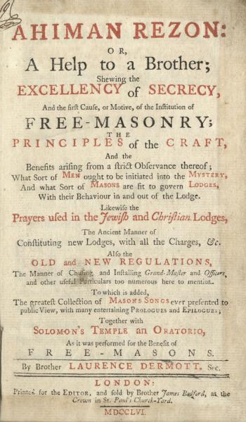 Title page in red and black print for Ahiman Rezon or a help to a Brother
