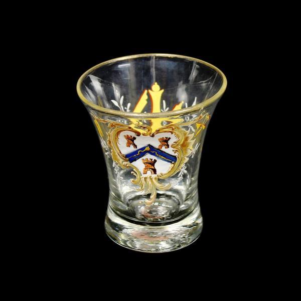 Small glass with enameled decoration showing the Grand Lodge coat of arms in gold, blue and white