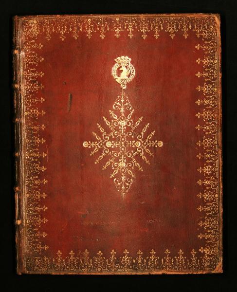 Red leather binding with gold tooling showing Montagu family crest on the cover