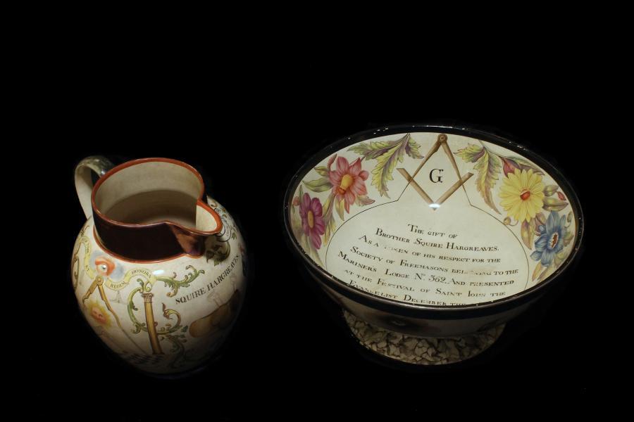 Punch bowl and jug decorated with masonic symbols