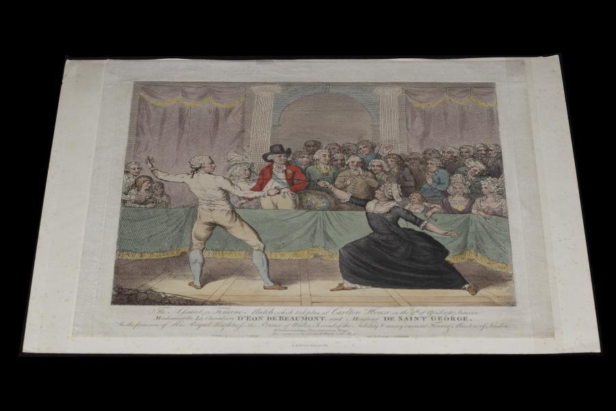 Engraving of Chavalier d'Eon giving fencing demonstrations in front of royalty