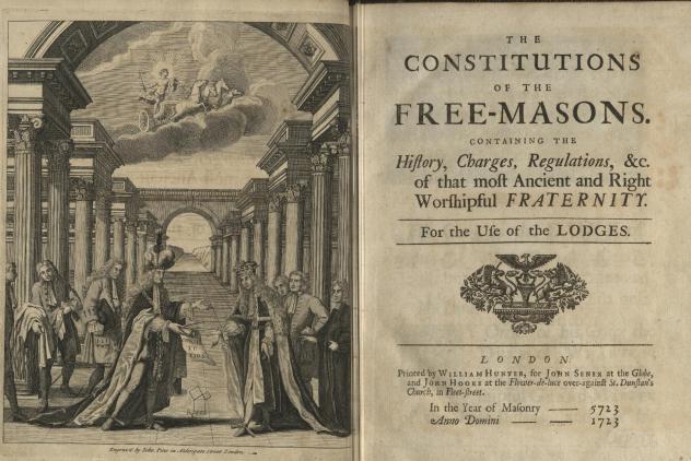 Frontispiece and title page of the 1723 edition of the Book of Constitutions