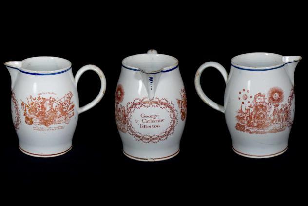 Jug with red transfer-printed design, presented to George and Catherine Titterton