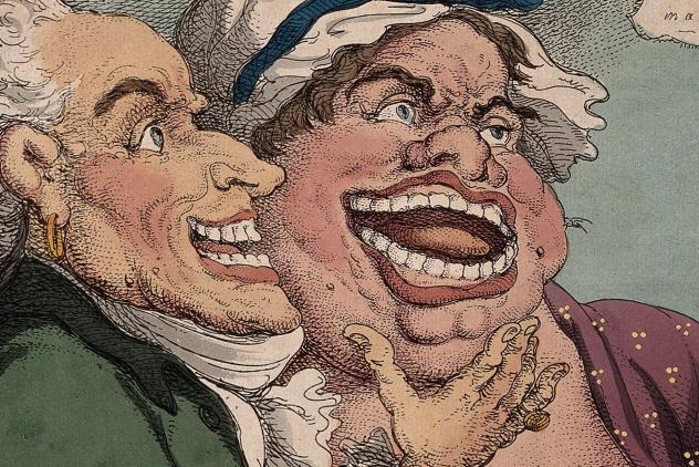 N. Dubois de Chémant demonstrating his own and a woman's false teeth to a prospective male patient with disordered teeth. Coloured etching by T. Rowlandson, 1811.. Credit Wellcome Collection. Public Domain Mark