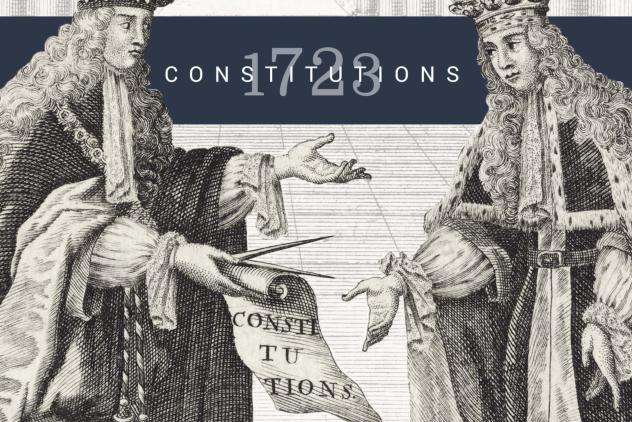 Banner showing engraving of two figures, one passing a document labelled 'Constitutions' to the other