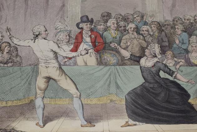 Chevalier d'Eon (in women's clothing) giving sword-fighting lesson in front of Carlton House